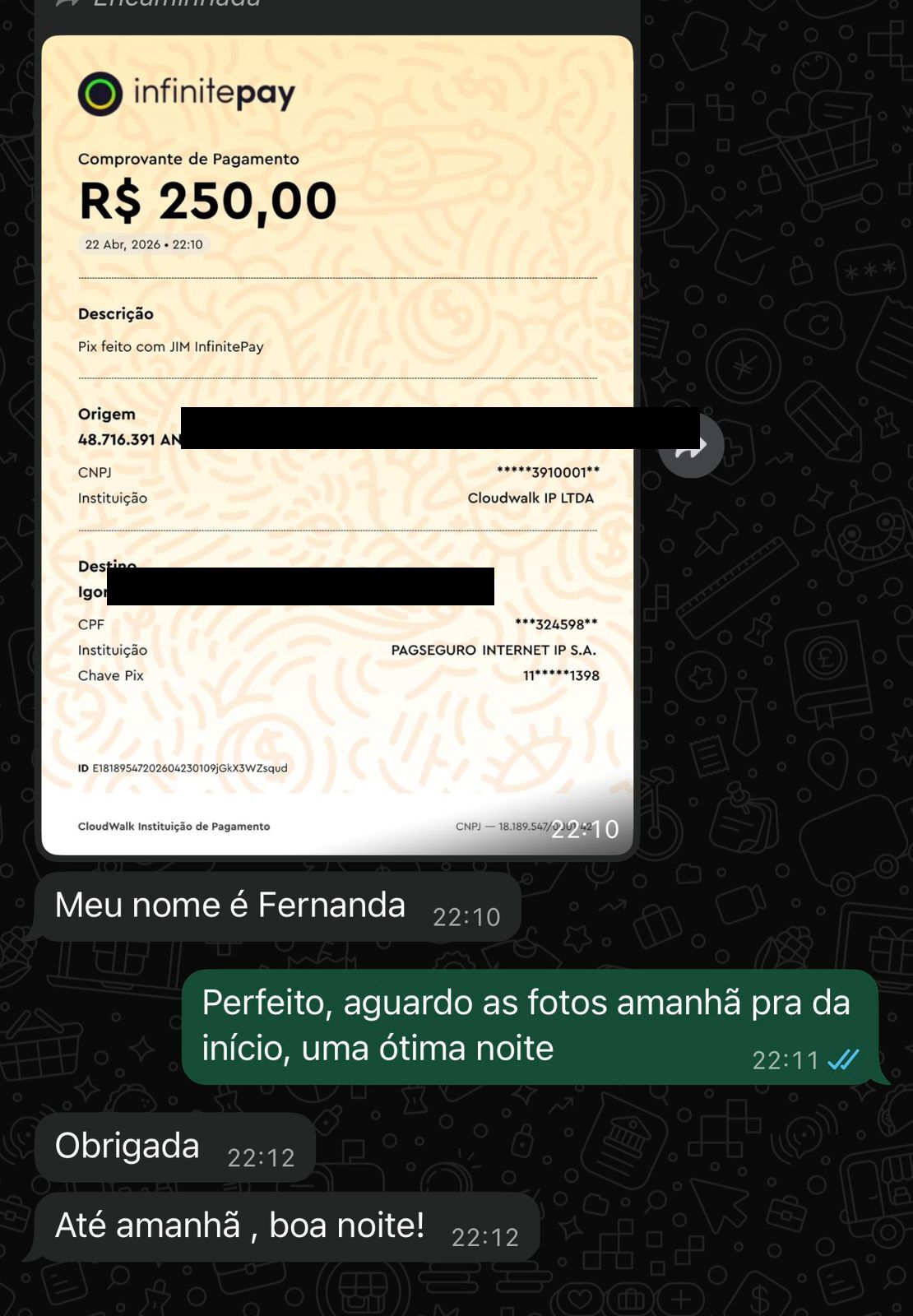 Comprovante Pix R$ 250, cliente Brasil