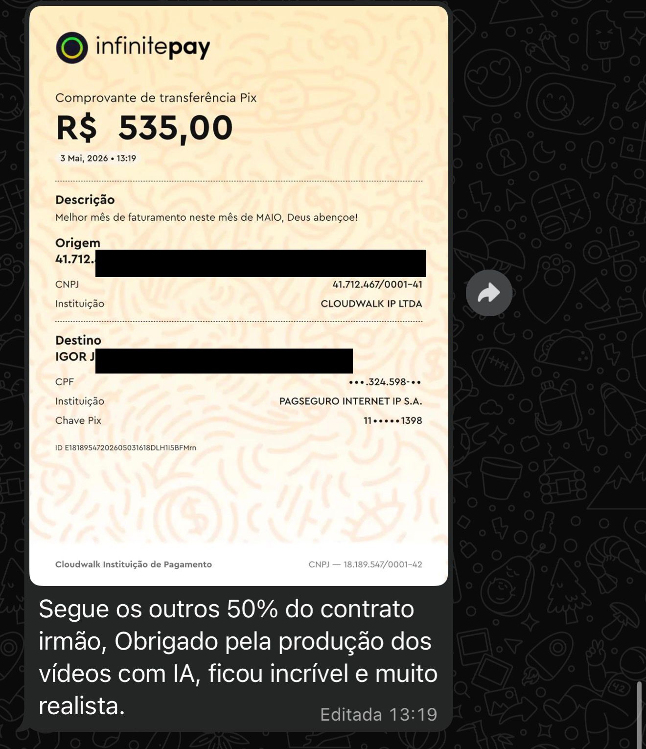 Comprovante Pix R$ 535, contrato fechado