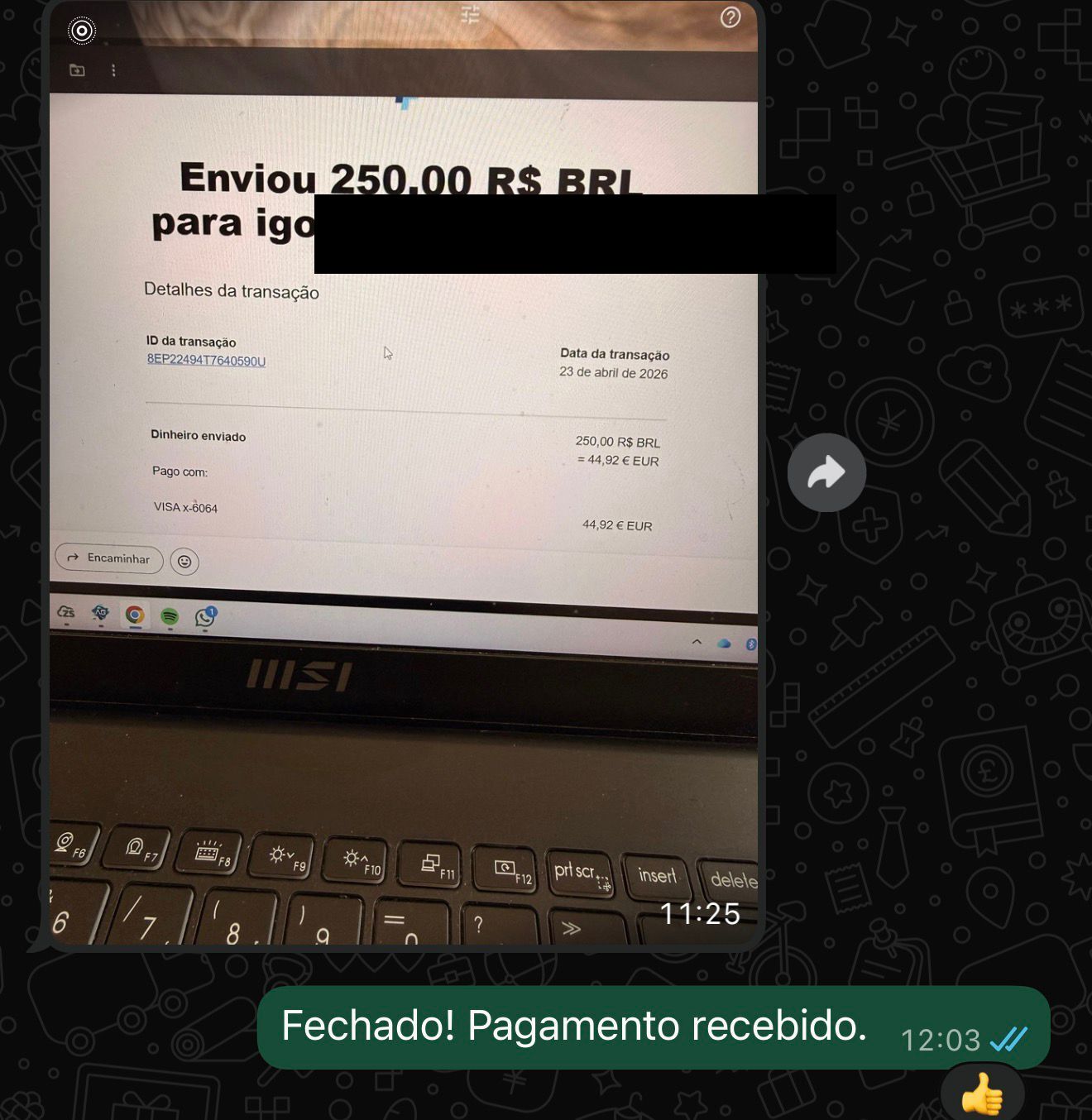 Pagamento internacional, cliente Portugal/EUA